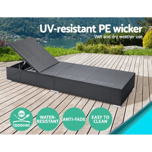 Gardeon 3PC Sun Lounge Wicker Lounger Outdoor Furniture Day Bed Rattan Garden - Image 6