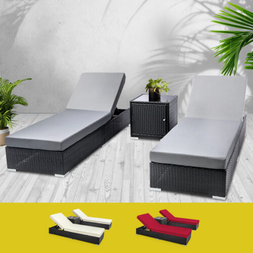 Gardeon 3PC Sun Lounge Wicker Lounger Outdoor Furniture Day Bed Rattan Garden - Image 7