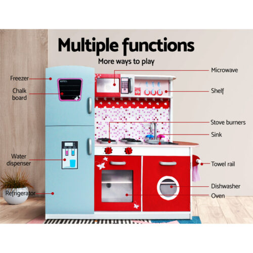 Keezi Kids Kitchen Play Set Wooden Pretend Toys Cooking Children Fridge Oven Red - Image 3