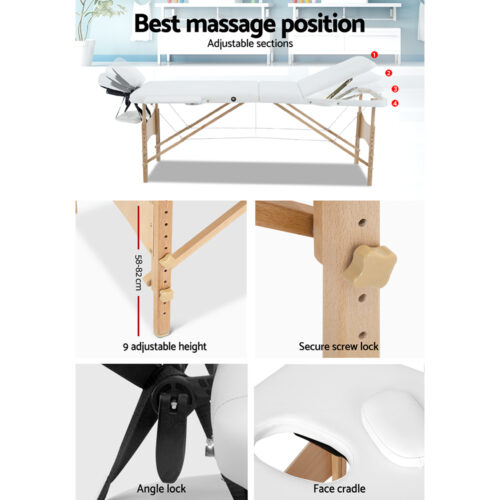 Zenses Massage Table 70cm Portable 3 Fold Wooden Beauty Bed White - Image 6