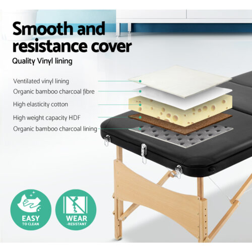 Zenses Massage Table 70cm Portable 3 Fold Wooden Beauty Bed Black - Image 5