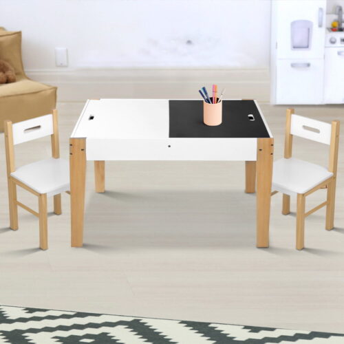 Keezi 3PCS Kids Table and Chairs Set Storage Toys Play Activity Desk Chalkboard - Image 6