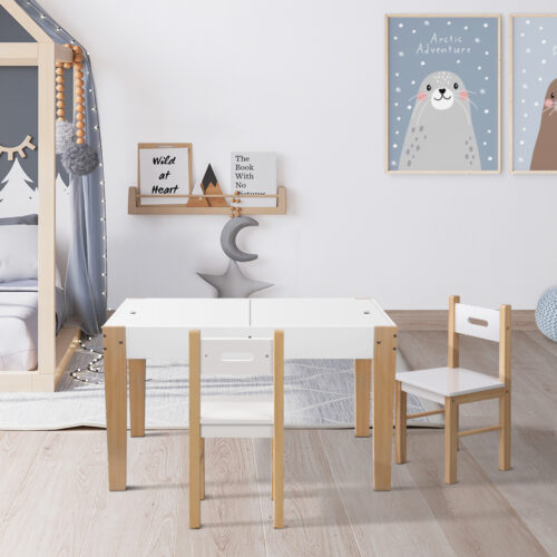 Keezi 3PCS Kids Table and Chairs Set Storage Toys Play Activity Desk Chalkboard - Image 9