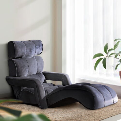 Artiss Floor Lounge Sofa With Armrest Flocking Fabric Charcoal - Image 8