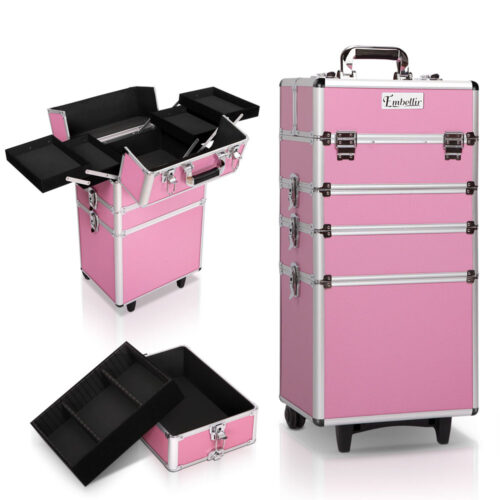 Embellir Makeup Case Beauty Trolley Cosmetic Organiser Box Travel Wheels Pink - Image 2