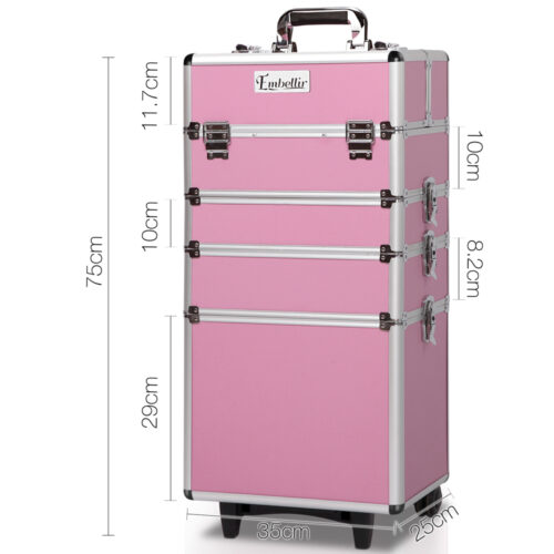 Embellir Makeup Case Beauty Trolley Cosmetic Organiser Box Travel Wheels Pink - Image 3