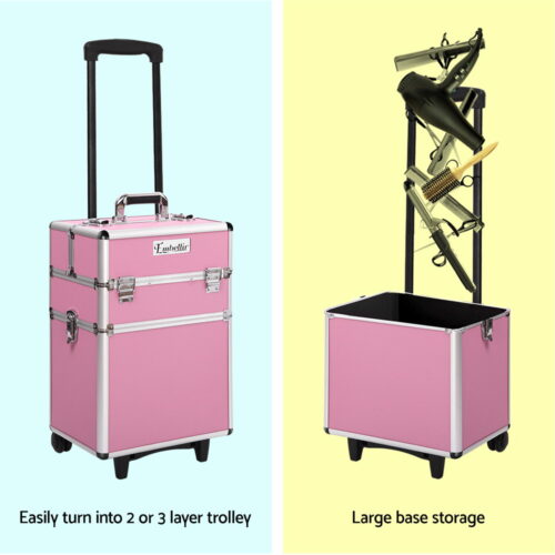 Embellir Makeup Case Beauty Trolley Cosmetic Organiser Box Travel Wheels Pink - Image 6