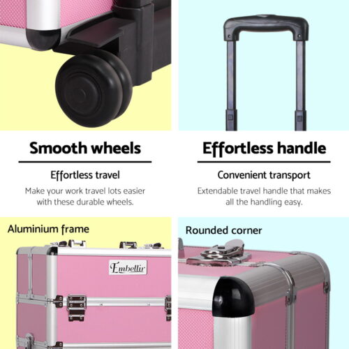 Embellir Makeup Case Beauty Trolley Cosmetic Organiser Box Travel Wheels Pink - Image 7