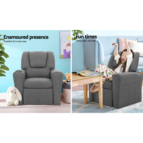 Keezi Kids Recliner Chair Linen Soft Sofa Lounge Couch Children Armchair Grey - Image 5