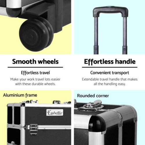 Embellir Makeup Case Beauty Trolley Cosmetic Organiser Box Travel Wheels Black - Image 7