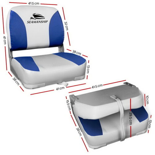 Seamanship 2X Folding Boat Seats Marine Swivel Low Back 13cm Padding Grey Blue - Image 3