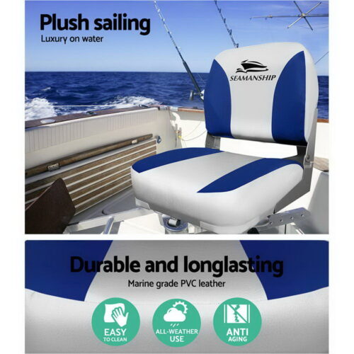 Seamanship 2X Folding Boat Seats Marine Swivel Low Back 13cm Padding Grey Blue - Image 5