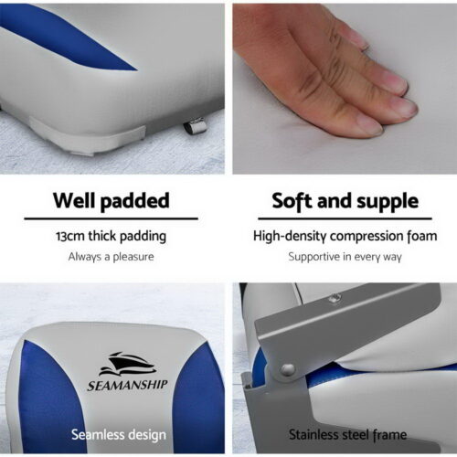 Seamanship 2X Folding Boat Seats Marine Swivel Low Back 13cm Padding Grey Blue - Image 6