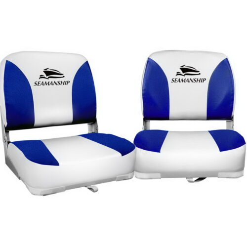 Seamanship 2X Folding Boat Seats Marine Swivel Low Back 13cm Padding White Blue - Image 2