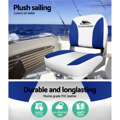 Seamanship 2X Folding Boat Seats Marine Swivel Low Back 13cm Padding White Blue - Image 5