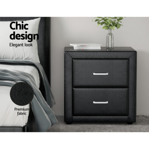 Artiss Bedside Table 2 Drawers Side Table Leather - CADEN Black - Image 4