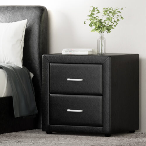 Artiss Bedside Table 2 Drawers Side Table Leather - CADEN Black - Image 8