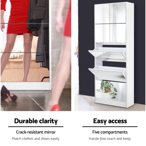 Artiss Shoe Rack Cabinet Mirror 25 Pairs White - Image 6