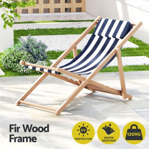 Gardeon Outdoor Deck Chair Wooden Sun Lounge Folding Beach Patio Furniture Blue - Image 4