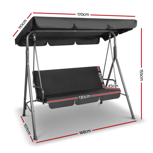 Gardeon Outdoor Swing Chair Garden Chair Bench Furniture Canopy 3 Seater Black - Image 3