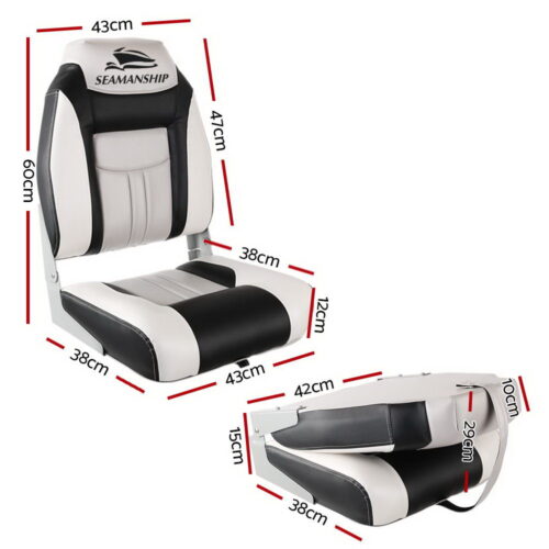 Seamanship 2X Folding Boat Seats Marine Seat Swivel High Back 12cm Padding Grey - Image 3
