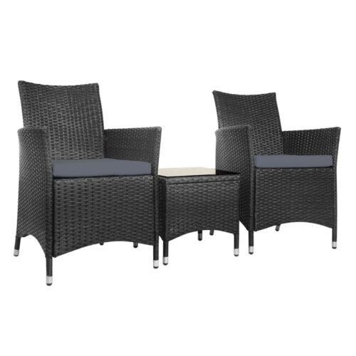 Gardeon 3PC Outdoor Bistro Set Patio Furniture Wicker Chairs Table Cushion All Black - Image 2