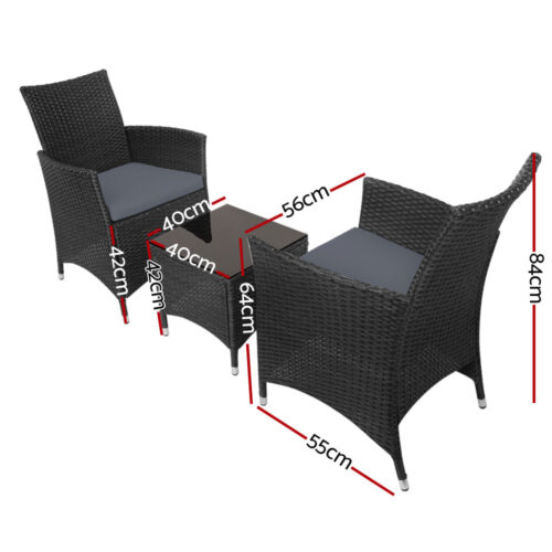 Gardeon 3PC Outdoor Bistro Set Patio Furniture Wicker Chairs Table Cushion All Black - Image 3
