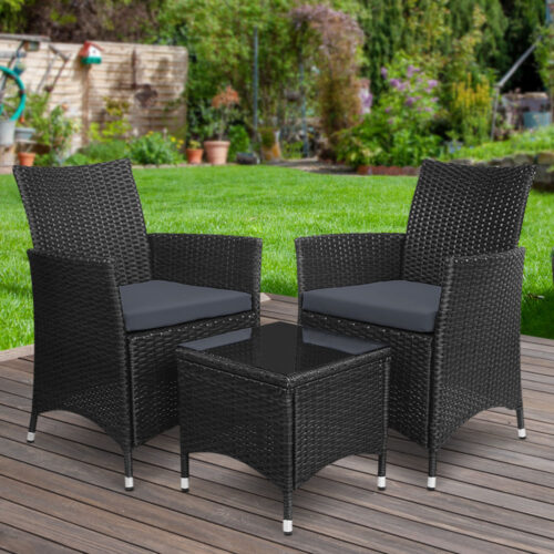 Gardeon 3PC Outdoor Bistro Set Patio Furniture Wicker Chairs Table Cushion All Black - Image 9