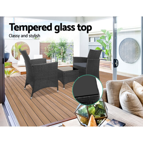 Gardeon 3PC Outdoor Bistro Set Patio Furniture Wicker Chairs Table Cushion All Black - Image 10