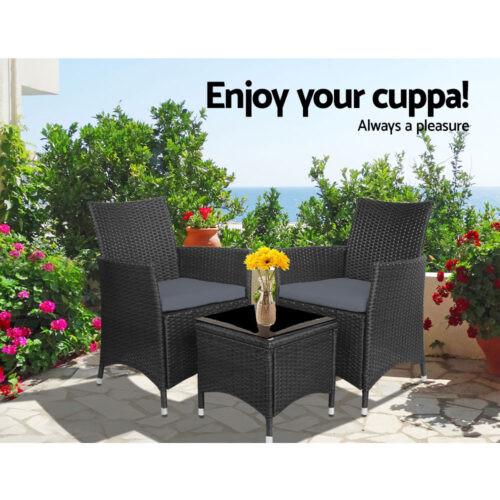 Gardeon 3PC Outdoor Bistro Set Patio Furniture Wicker Chairs Table Cushion All Black - Image 11
