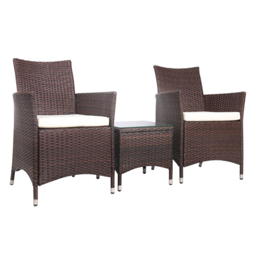 Gardeon 3PC Outdoor Bistro Set Patio Furniture Wicker Setting Chairs Table Cushion Brown - Image 2