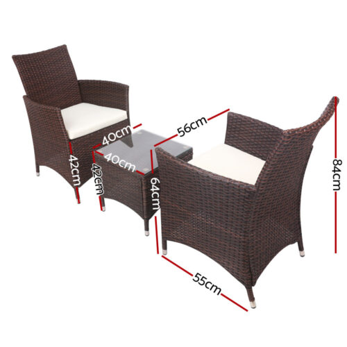 Gardeon 3PC Outdoor Bistro Set Patio Furniture Wicker Setting Chairs Table Cushion Brown - Image 3