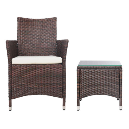 Gardeon 3PC Outdoor Bistro Set Patio Furniture Wicker Setting Chairs Table Cushion Brown - Image 4