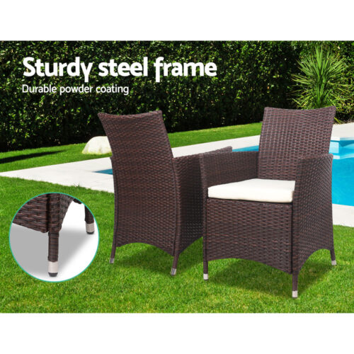 Gardeon 3PC Outdoor Bistro Set Patio Furniture Wicker Setting Chairs Table Cushion Brown - Image 8