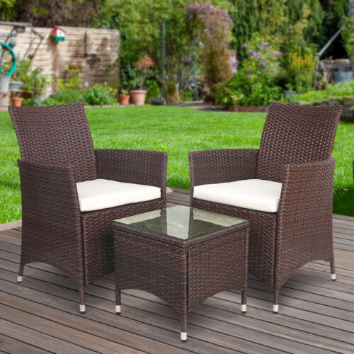 Gardeon 3PC Outdoor Bistro Set Patio Furniture Wicker Setting Chairs Table Cushion Brown - Image 9