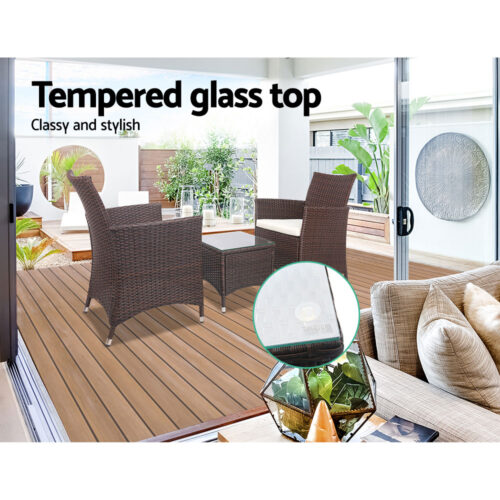 Gardeon 3PC Outdoor Bistro Set Patio Furniture Wicker Setting Chairs Table Cushion Brown - Image 10