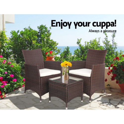 Gardeon 3PC Outdoor Bistro Set Patio Furniture Wicker Setting Chairs Table Cushion Brown - Image 11