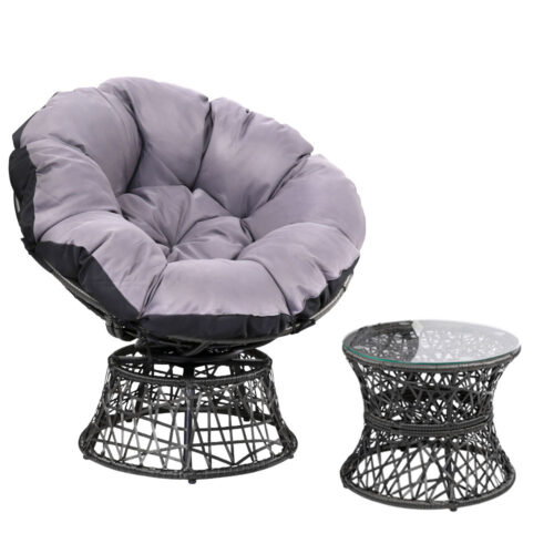 Gardeon Outdoor Lounge Setting Papasan Chair Wicker Table Garden Furniture Black - Image 2
