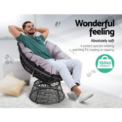 Gardeon Outdoor Lounge Setting Papasan Chair Wicker Table Garden Furniture Black - Image 6
