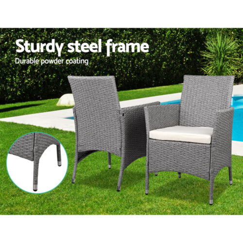 Gardeon 3PC Outdoor Bistro Set Patio Furniture Wicker Setting Chairs Table Cushion Grey - Image 8