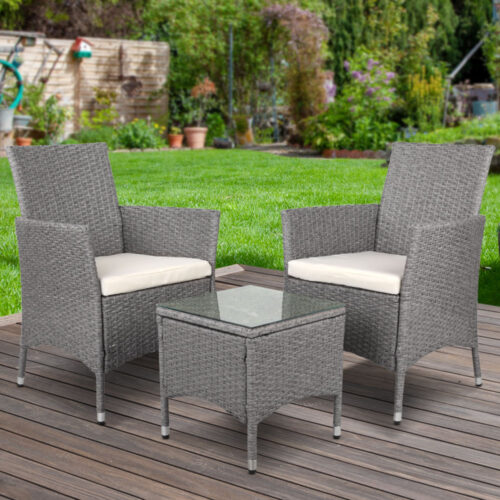 Gardeon 3PC Outdoor Bistro Set Patio Furniture Wicker Setting Chairs Table Cushion Grey - Image 9