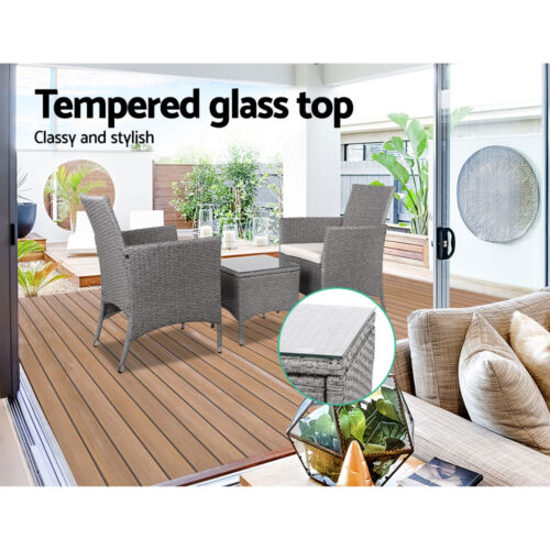 Gardeon 3PC Outdoor Bistro Set Patio Furniture Wicker Setting Chairs Table Cushion Grey - Image 10