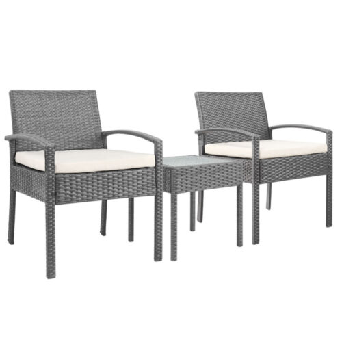 Gardeon 3PC Patio Furniture Bistro Set Wicker Outdoor Lounge Setting Grey - Image 2