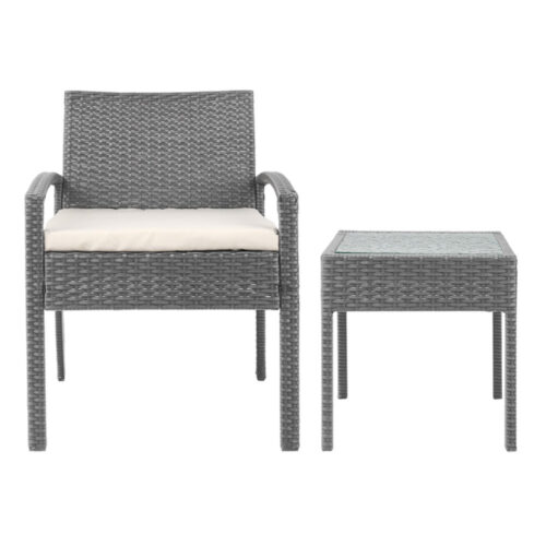 Gardeon 3PC Patio Furniture Bistro Set Wicker Outdoor Lounge Setting Grey - Image 4