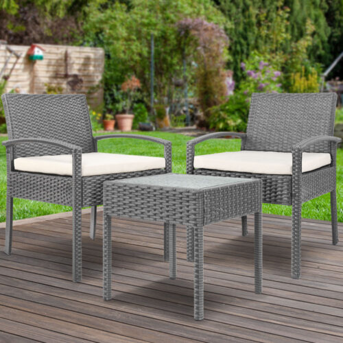 Gardeon 3PC Patio Furniture Bistro Set Wicker Outdoor Lounge Setting Grey - Image 9