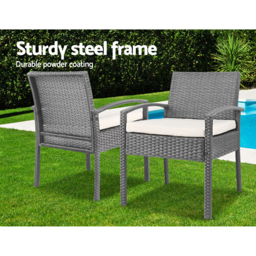 Gardeon 3PC Patio Furniture Bistro Set Wicker Outdoor Lounge Setting Grey - Image 11