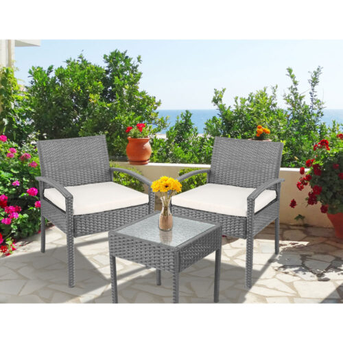 Gardeon 3PC Patio Furniture Bistro Set Wicker Outdoor Lounge Setting Grey - Image 13
