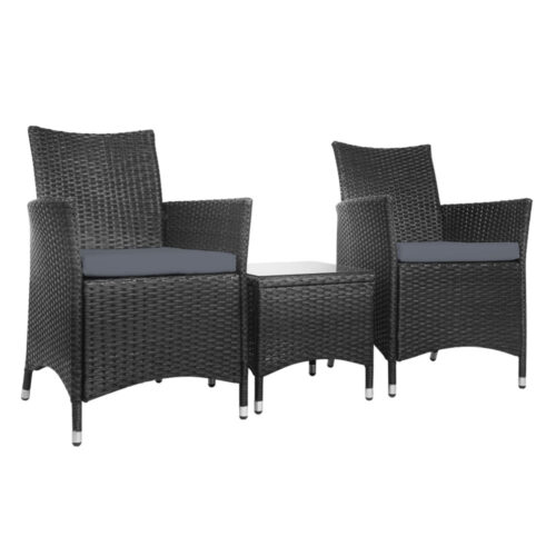 Gardeon 3PC Outdoor Bistro Set Patio Furniture Wicker Setting Chairs Table Cushion Black - Image 2