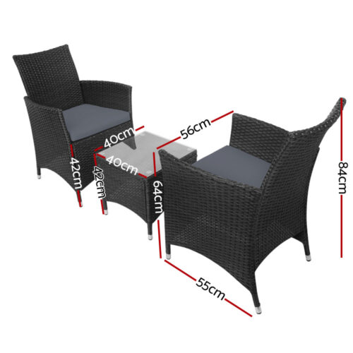 Gardeon 3PC Outdoor Bistro Set Patio Furniture Wicker Setting Chairs Table Cushion Black - Image 3
