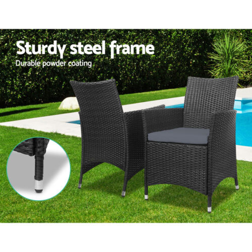 Gardeon 3PC Outdoor Bistro Set Patio Furniture Wicker Setting Chairs Table Cushion Black - Image 8